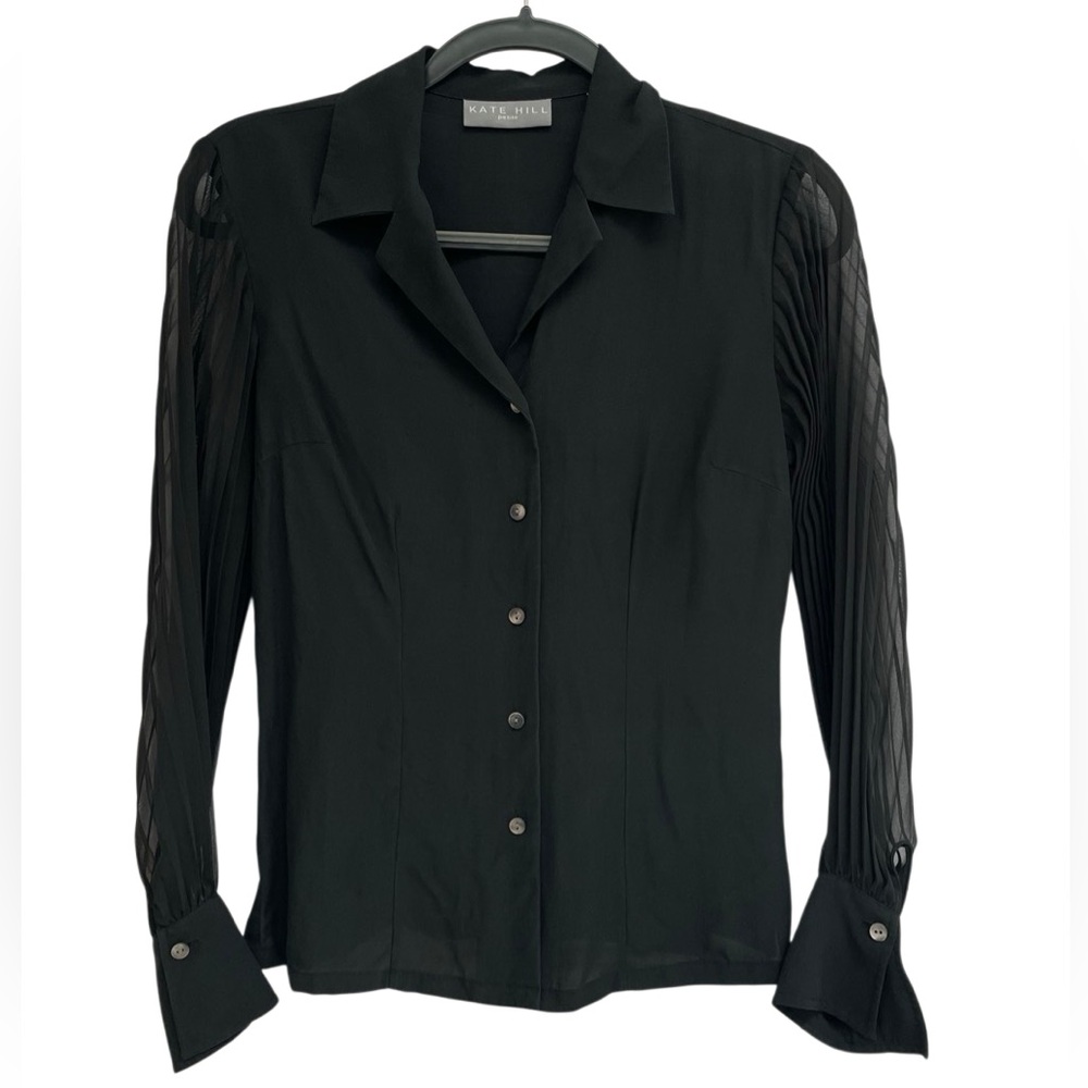 Vintage Kate Hill Silk Long Sleeve Button Down Blouse w/ Sheer Pleated Sleeves